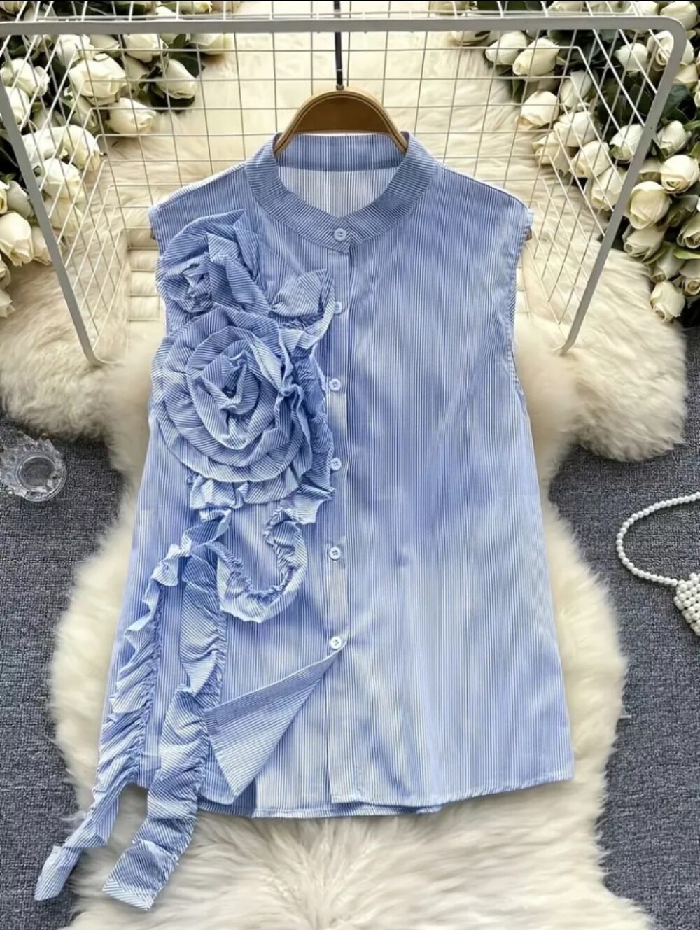 French Sleeveless Shirt Women'S Spring Summer Design Sense 3D Floral Ribbon